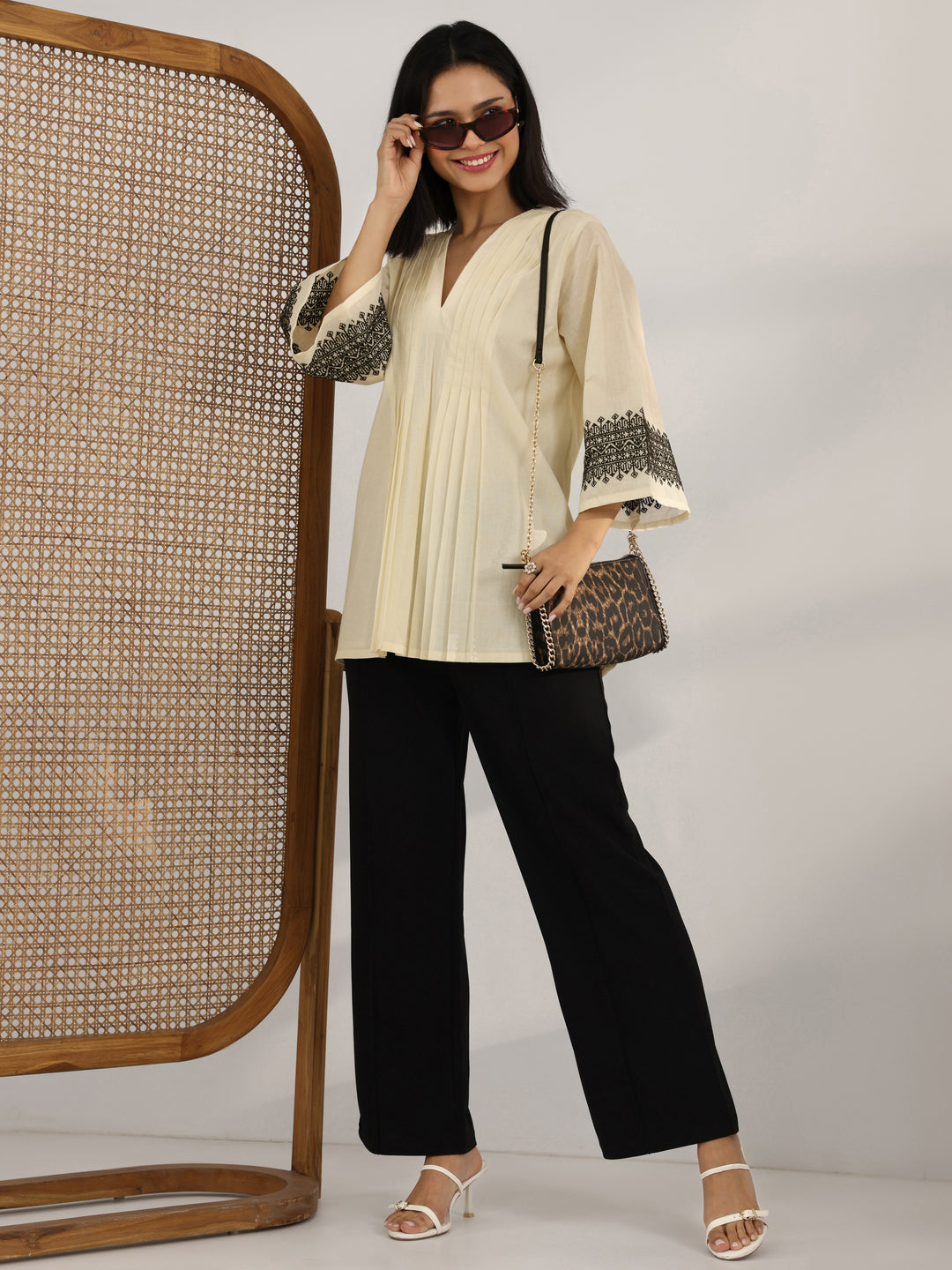 Off White Solid Cotton Straight Short Kurti