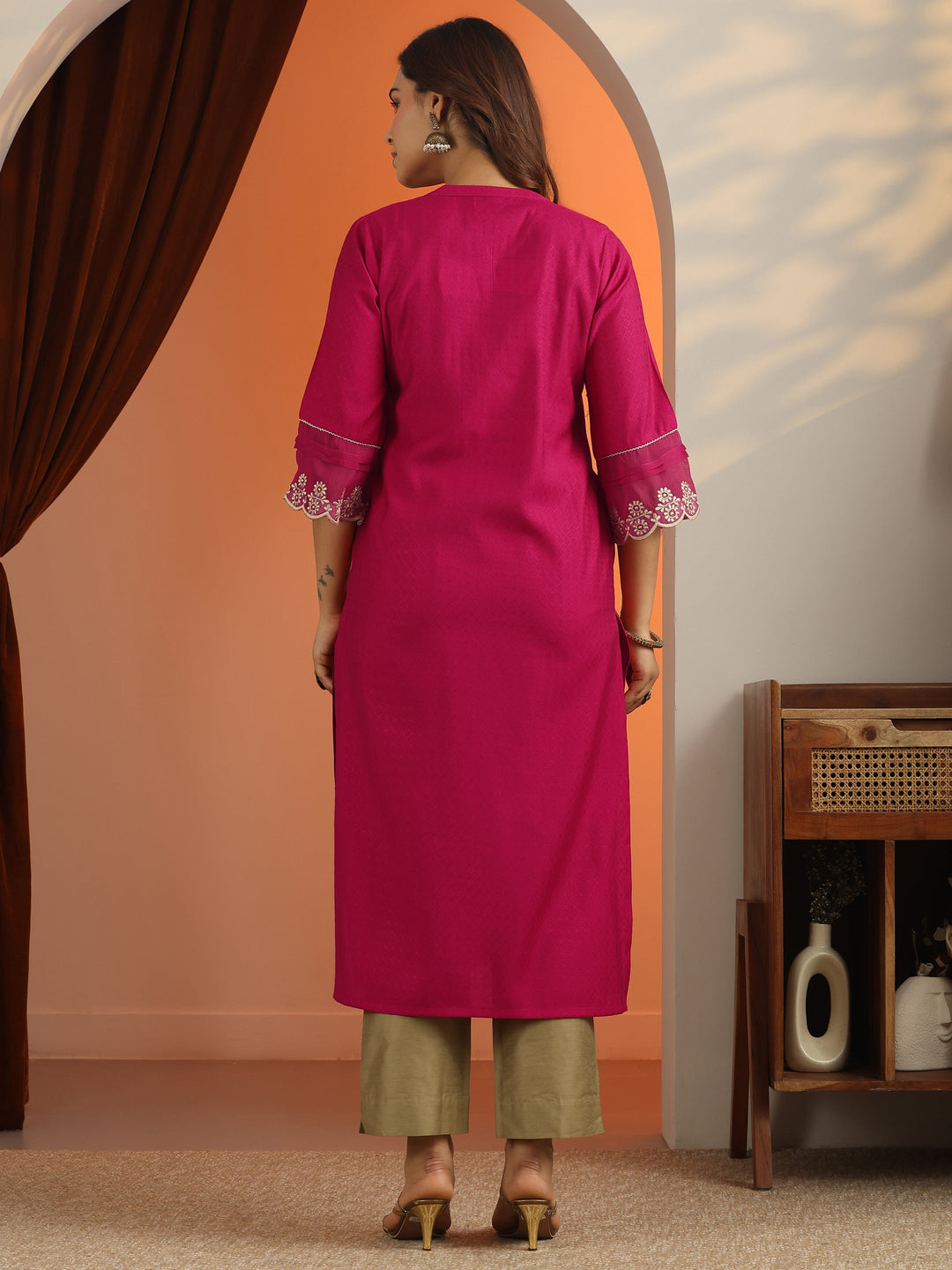 Pink Woven Design Silk Blend Straight Kurta