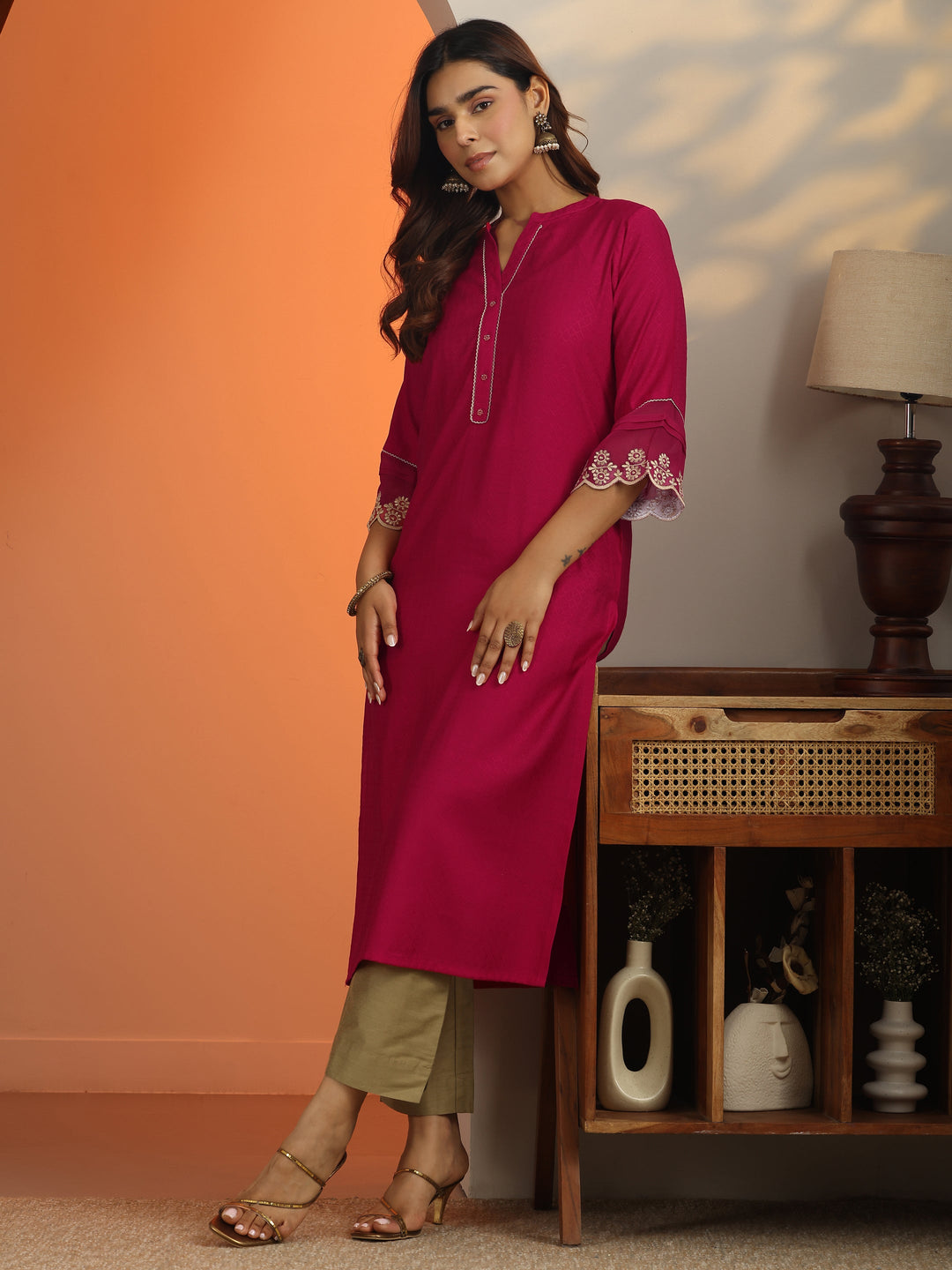Pink Woven Design Silk Blend Straight Kurta