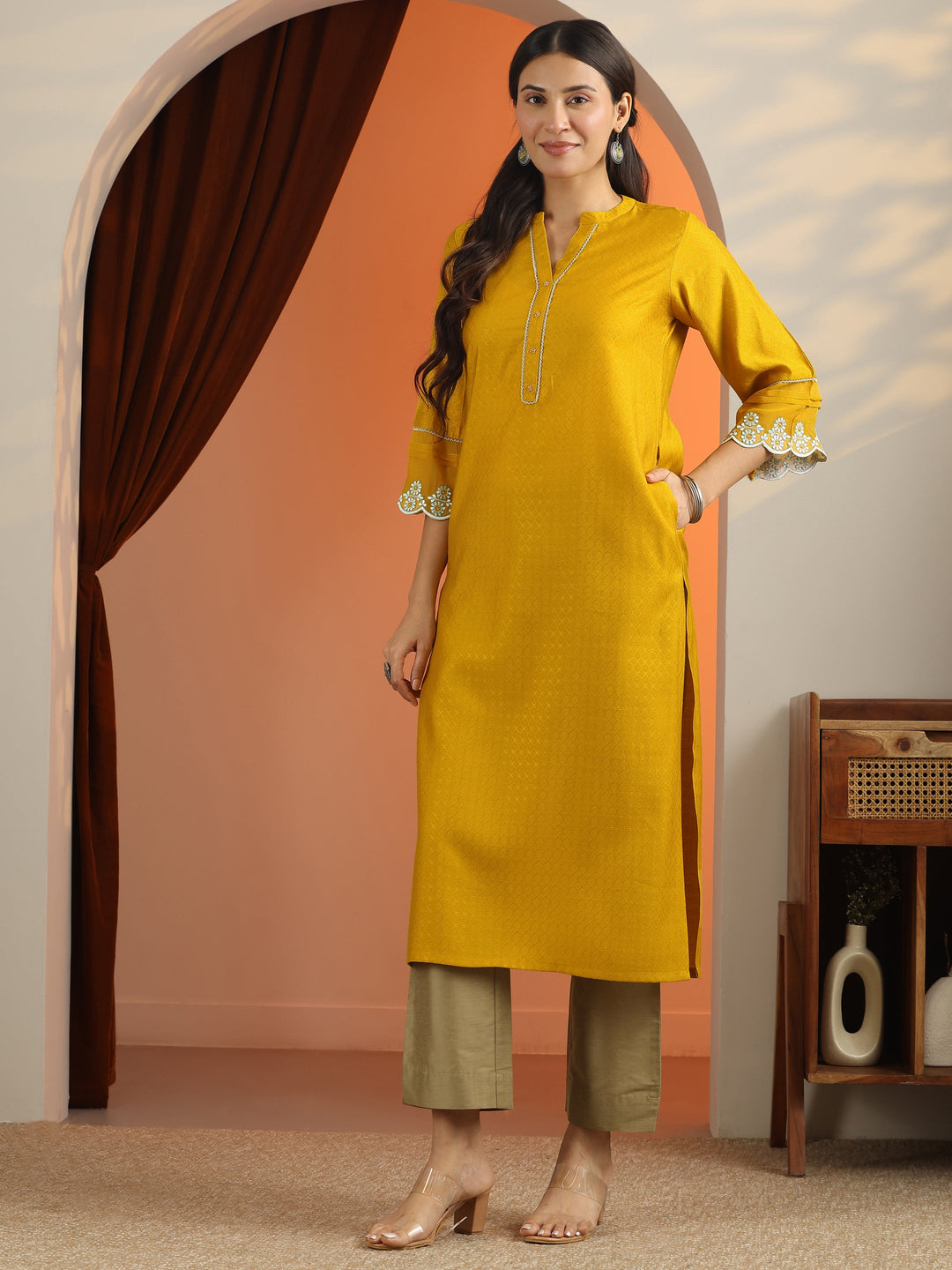 Mustard Woven Design Silk Blend Straight Kurta
