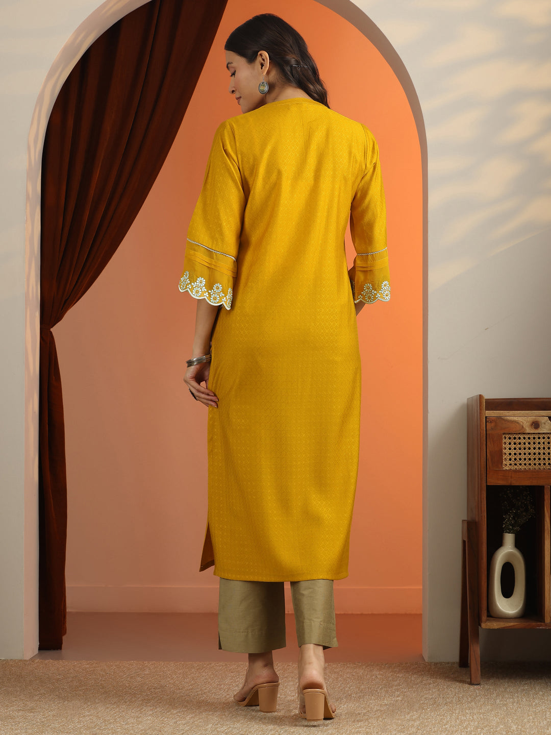Mustard Woven Design Silk Blend Straight Kurta