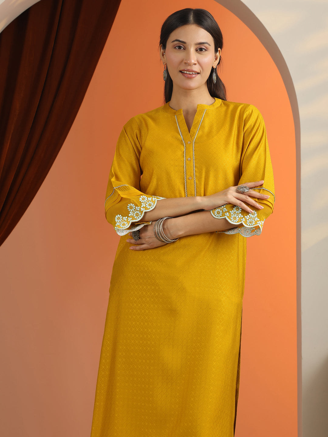 Mustard Woven Design Silk Blend Straight Kurta