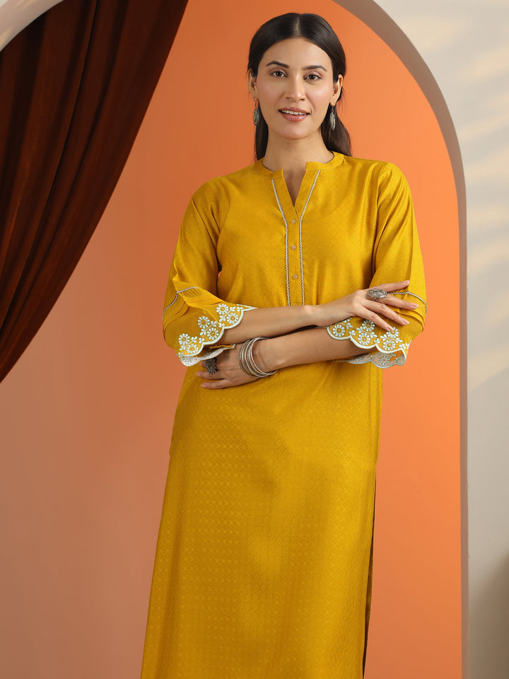 Mustard Woven Design Silk Blend Straight Kurta