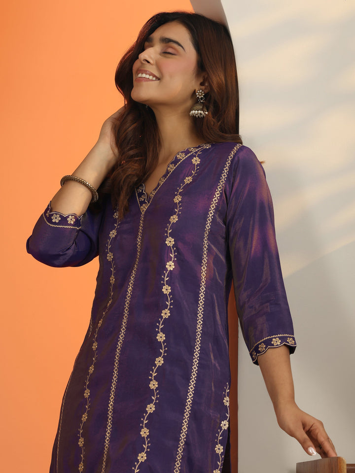 Purple Floral Embroidered Silk Blend Straight Kurta