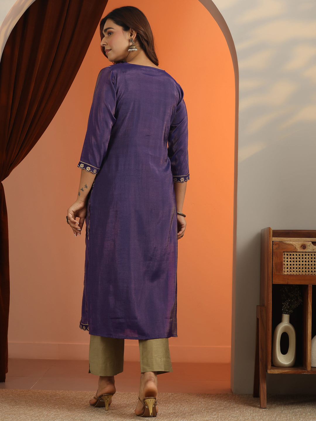 Purple Floral Embroidered Silk Blend Straight Kurta