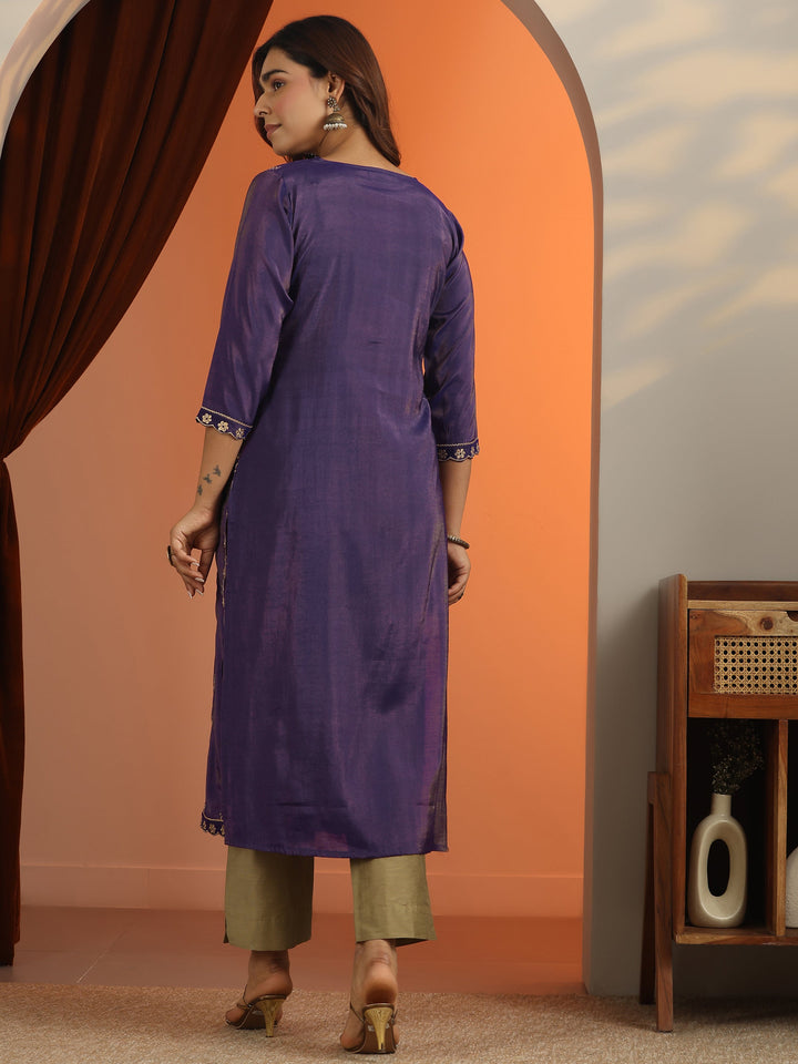 Purple Floral Embroidered Silk Blend Straight Kurta