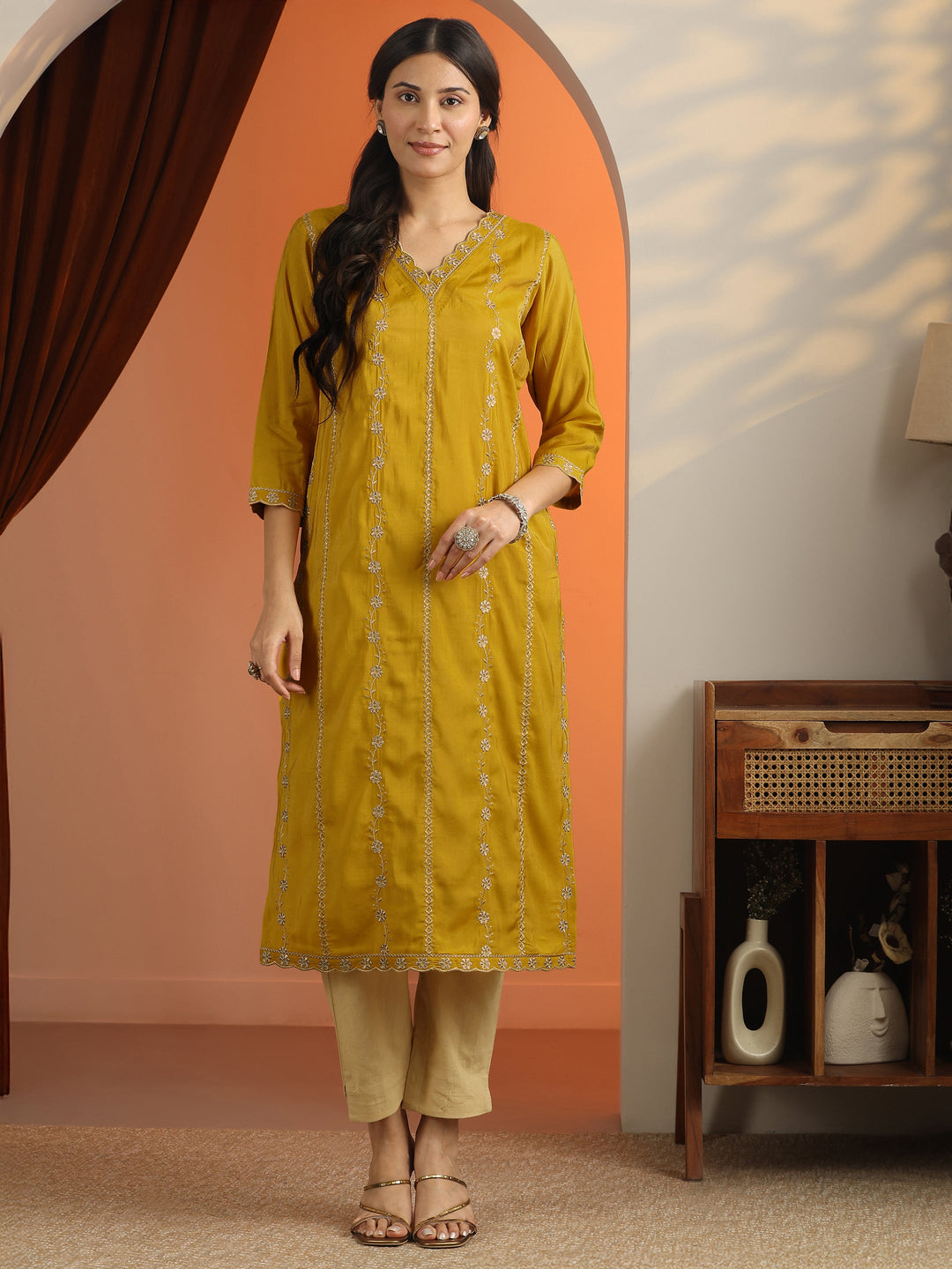 Mustard Floral Embroidered Silk Blend Straight Kurta