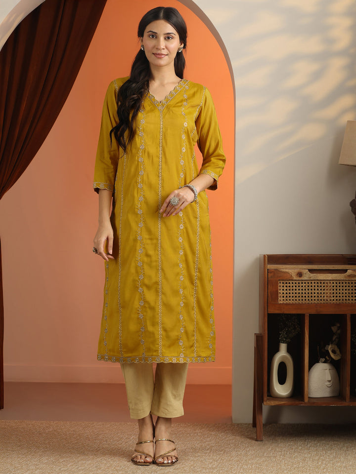 Mustard Floral Embroidered Silk Blend Straight Kurta