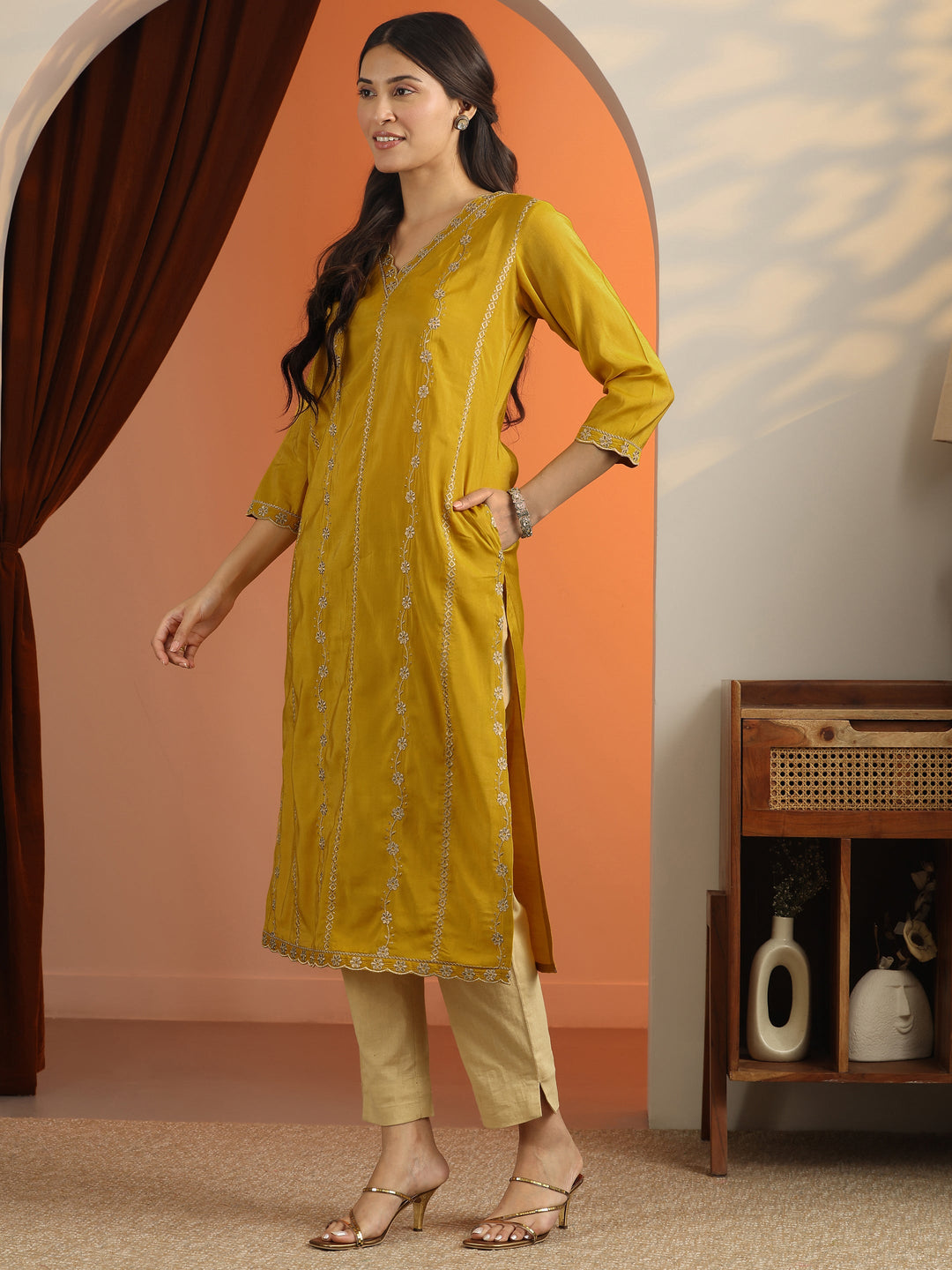 Mustard Floral Embroidered Silk Blend Straight Kurta