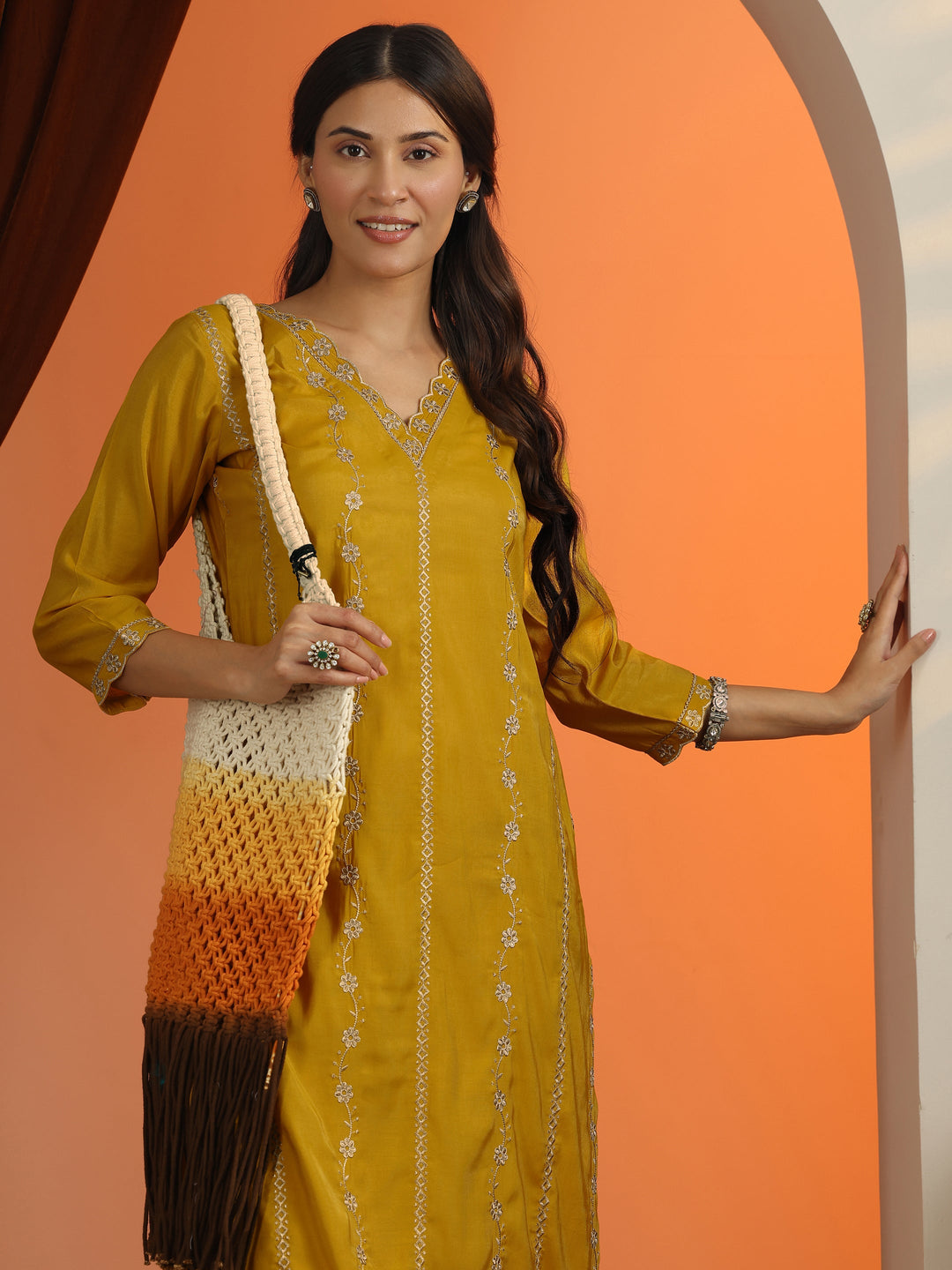 Mustard Floral Embroidered Silk Blend Straight Kurta