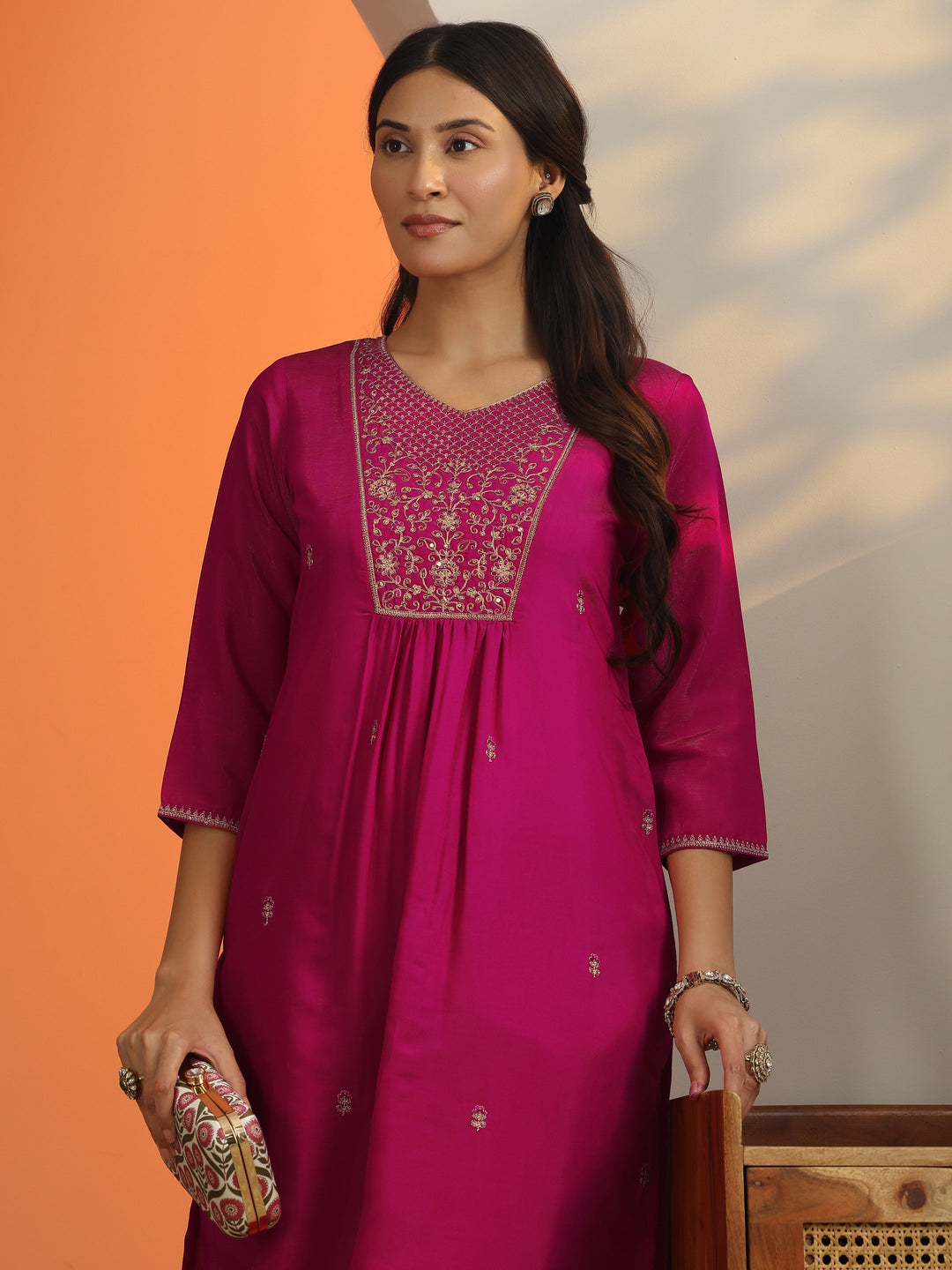 Pink Floral Embroidered Silk Blend Straight Kurta