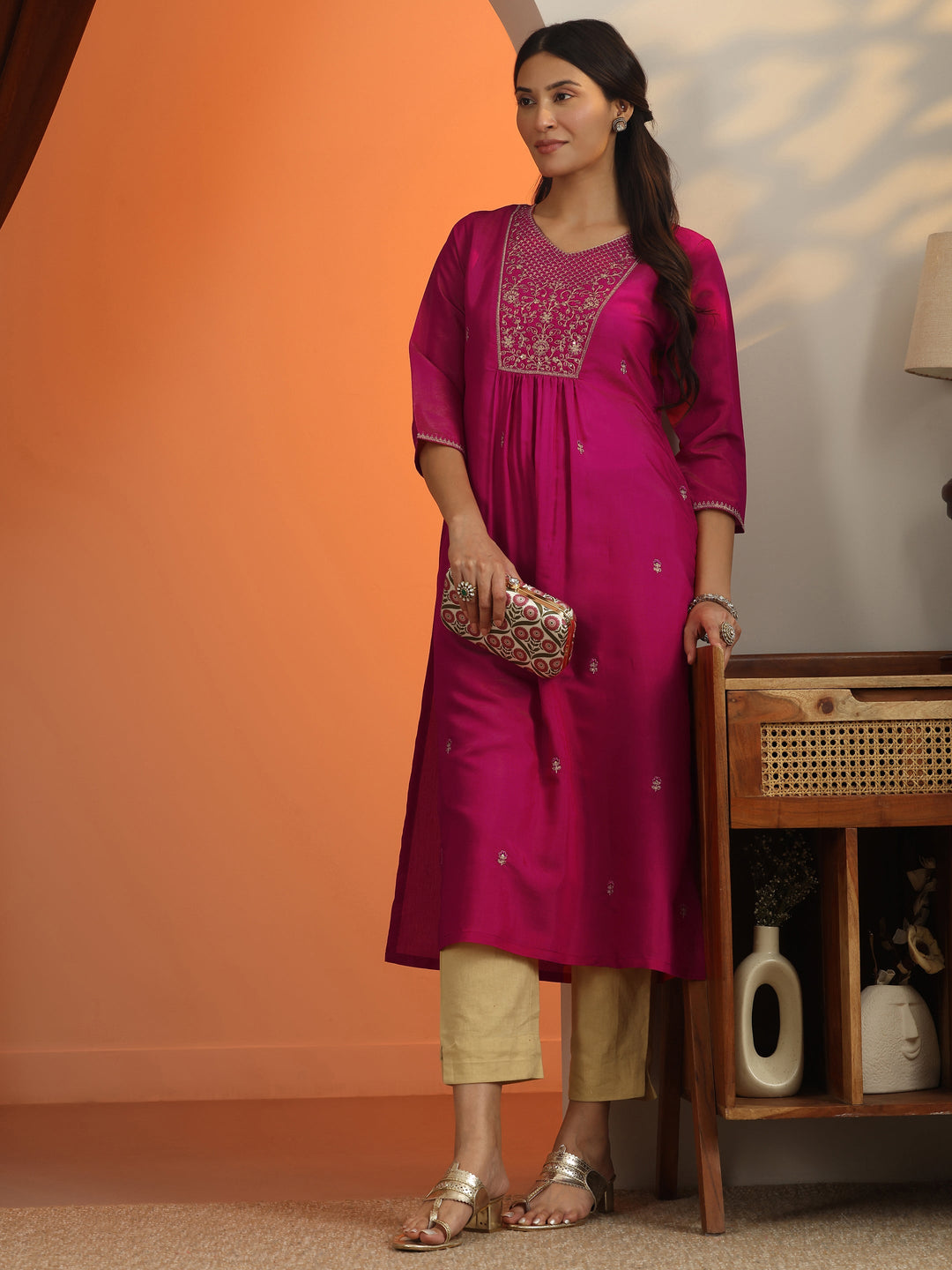 Pink Floral Embroidered Silk Blend Straight Kurta