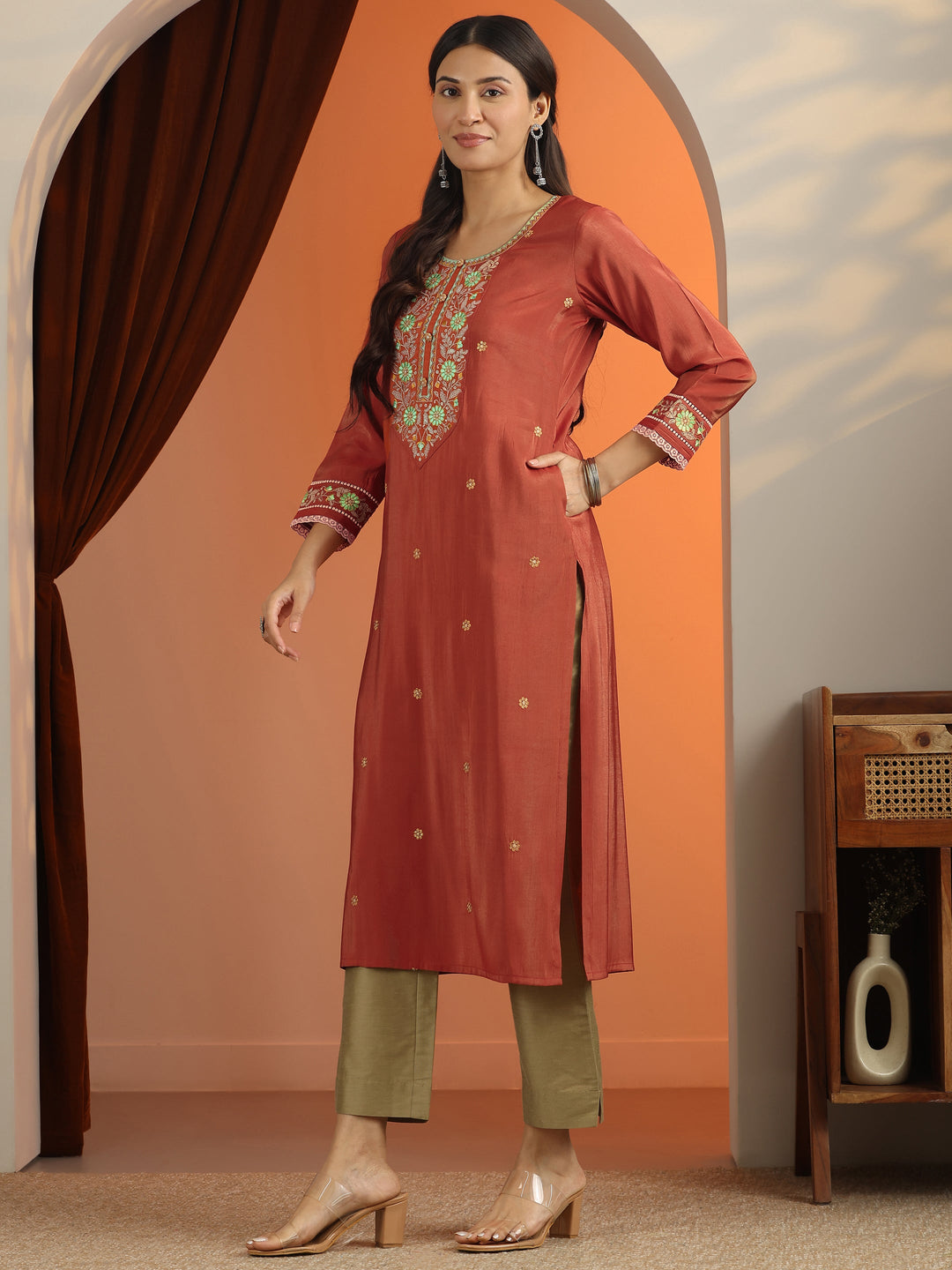 Rust Floral Embroidered Silk Blend Straight Kurta