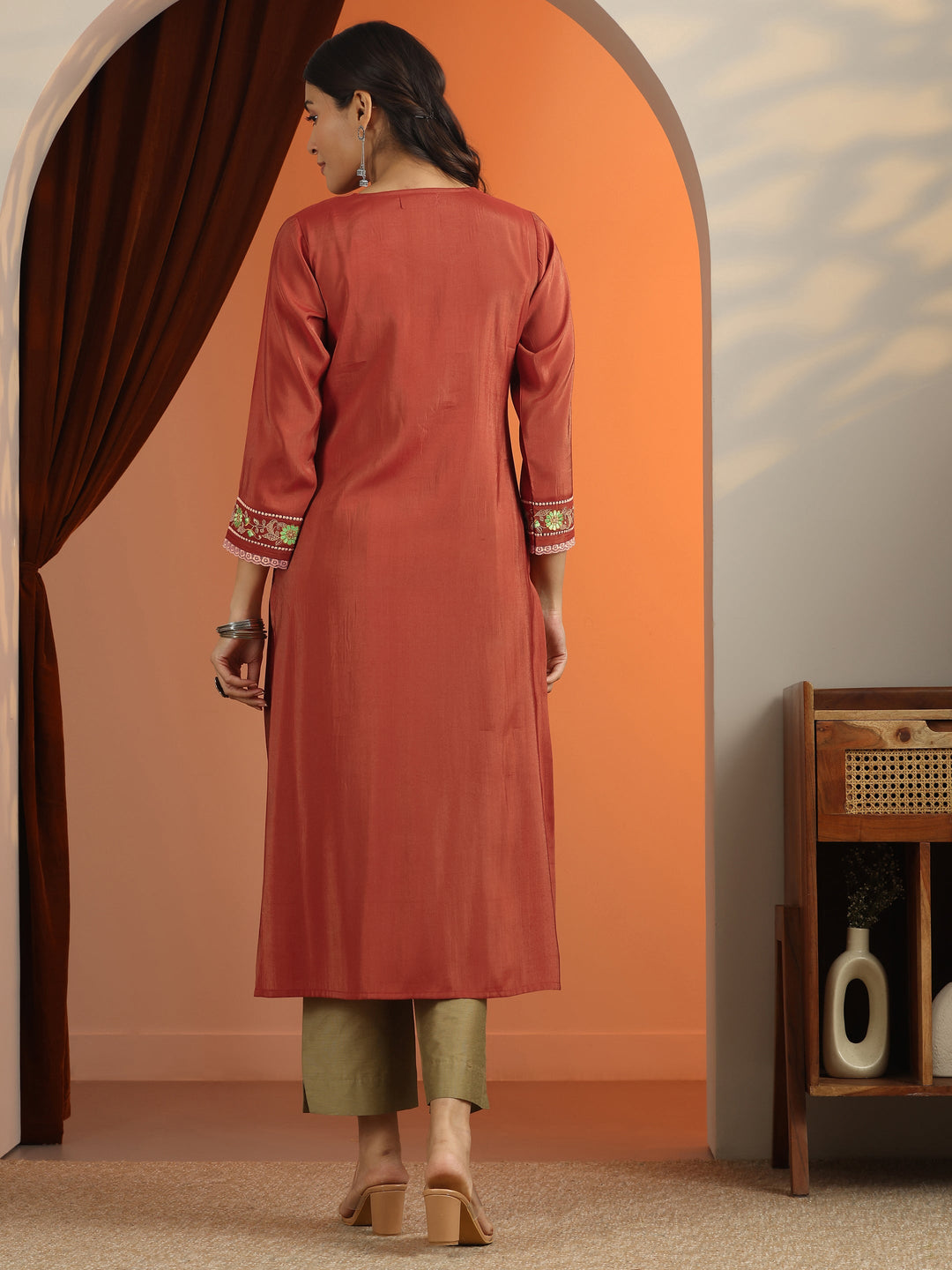 Rust Floral Embroidered Silk Blend Straight Kurta