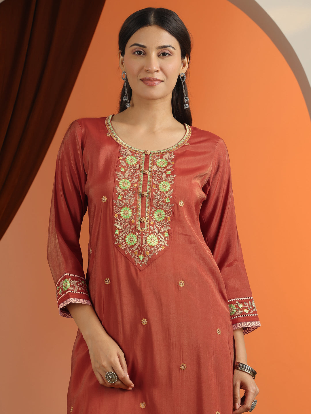 Rust Floral Embroidered Silk Blend Straight Kurta