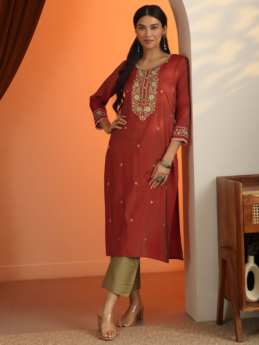 Rust Floral Embroidered Silk Blend Straight Kurta
