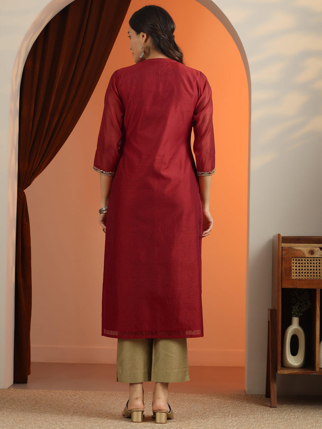 Red Embroidered Silk Blend Straight Kurta