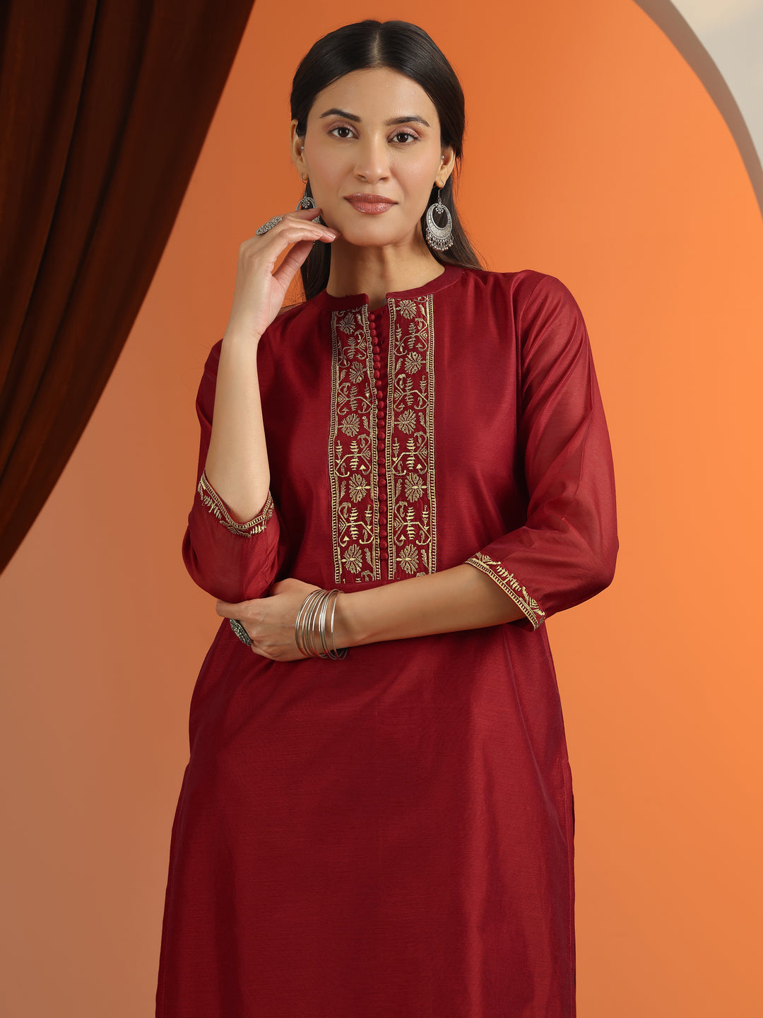 Red Embroidered Silk Blend Straight Kurta