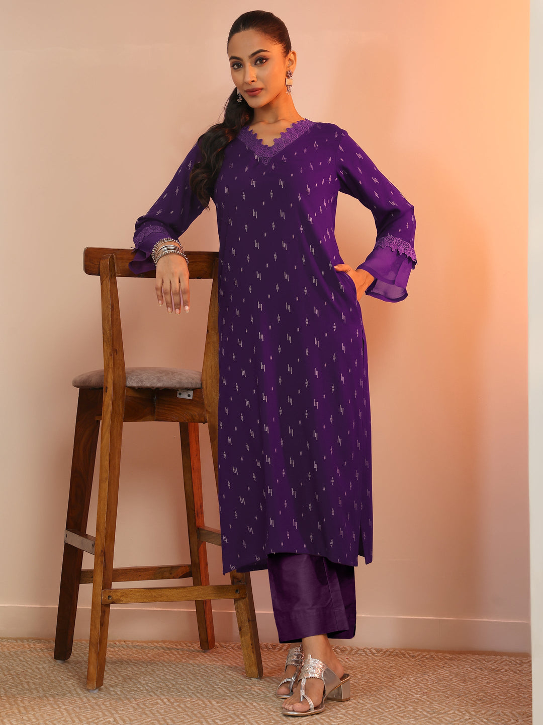 Purple Woven Design Rayon Straight Kurta