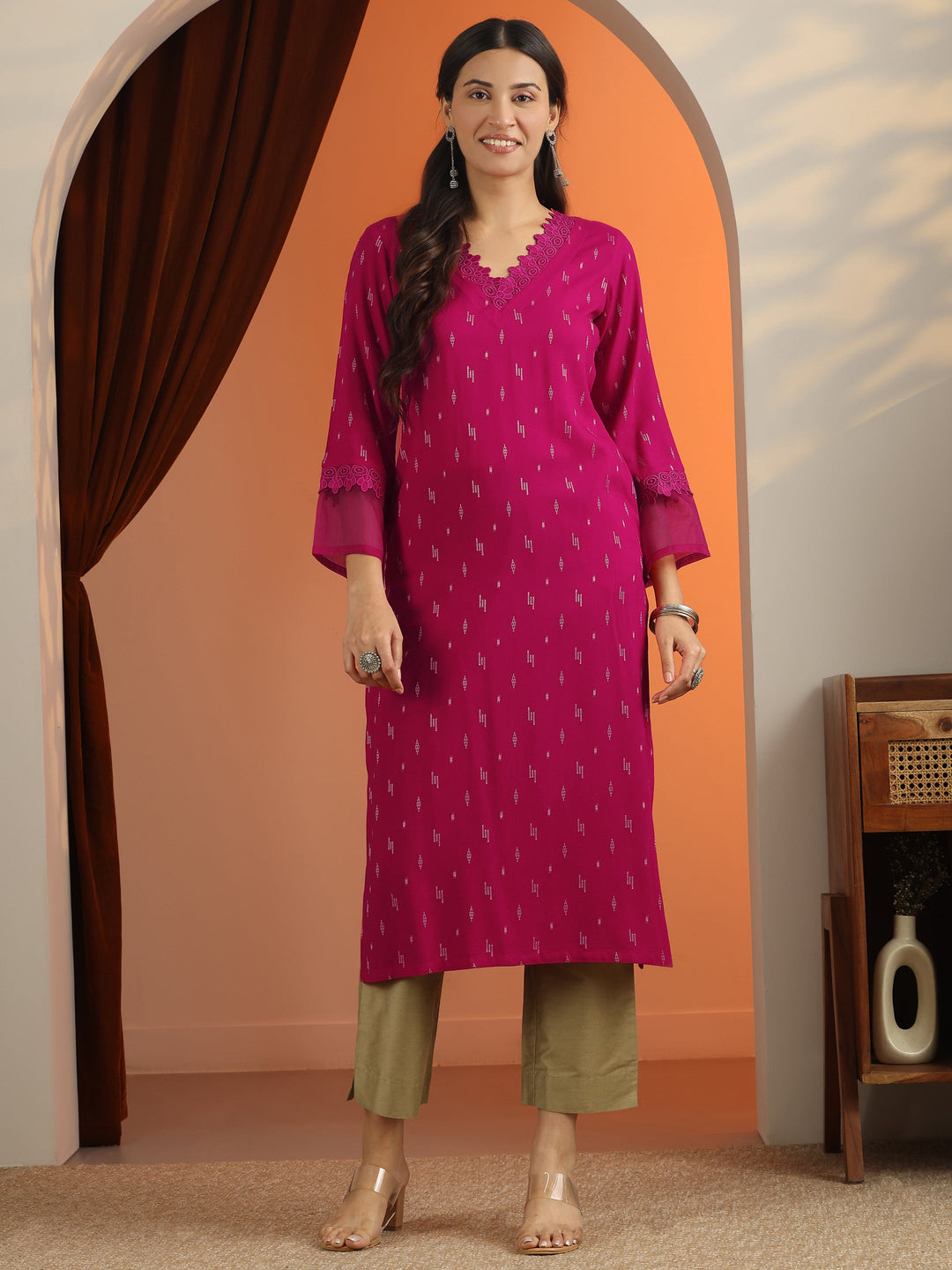 Pink Woven Design Rayon Straight Kurta