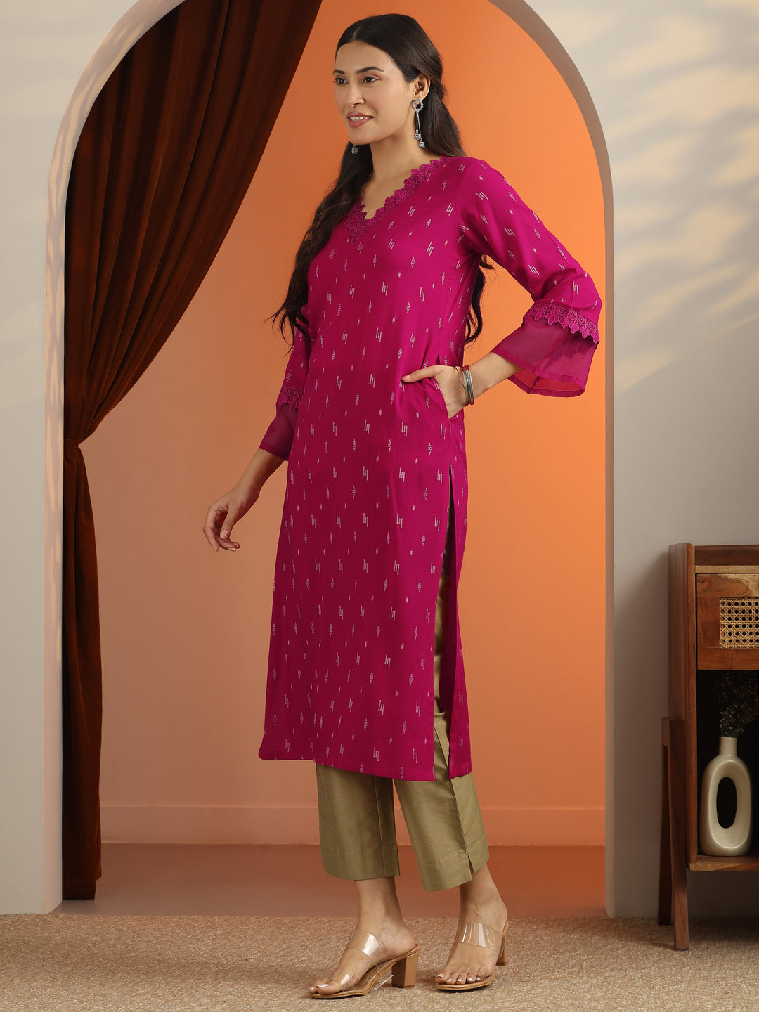 Pink Woven Design Rayon Straight Kurta