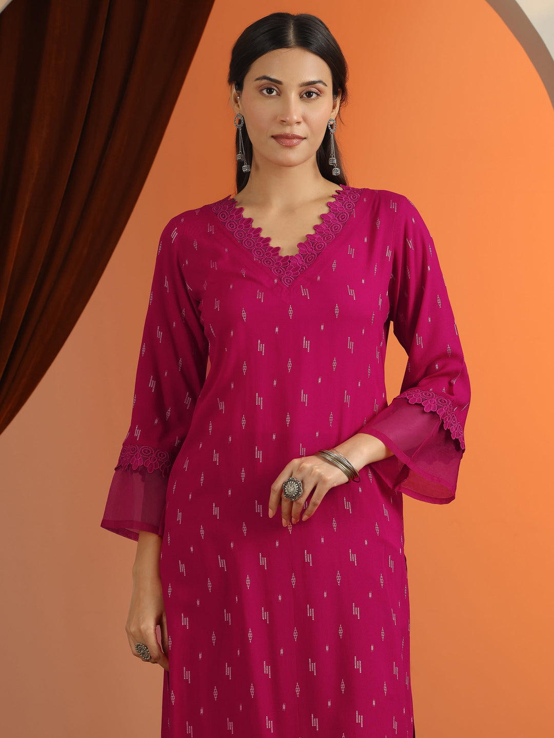 Pink Woven Design Rayon Straight Kurta