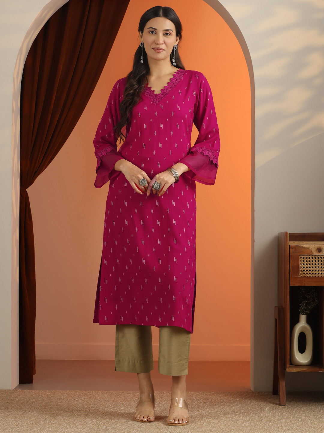 Pink Woven Design Rayon Straight Kurta