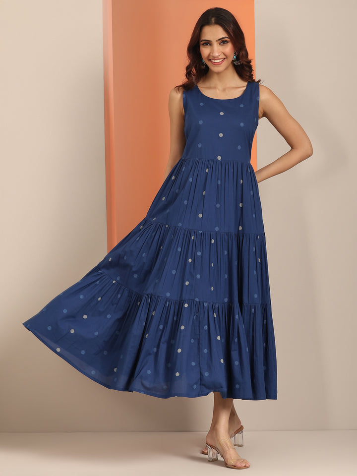 Blue Printed Cotton Fit And Flare One Piece Dress