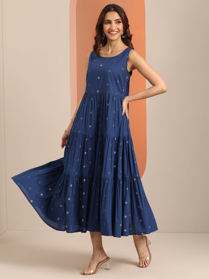Blue Printed Cotton Fit And Flare One Piece Dress