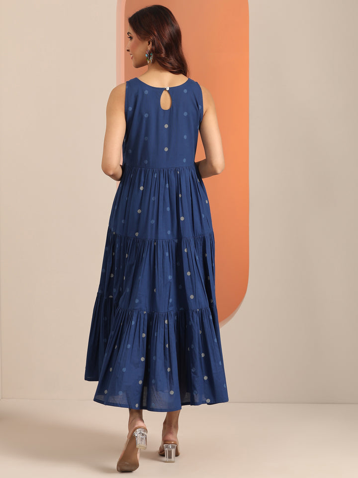 Blue Printed Cotton Fit And Flare One Piece Dress