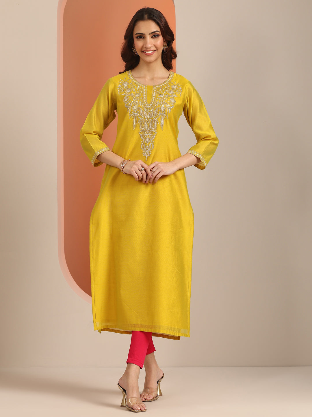 Mustard Embroidered Silk Blend Straight Kurta