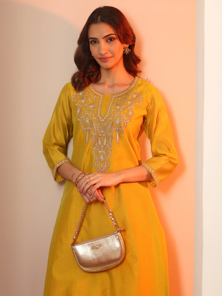 Mustard Embroidered Silk Blend Straight Kurta