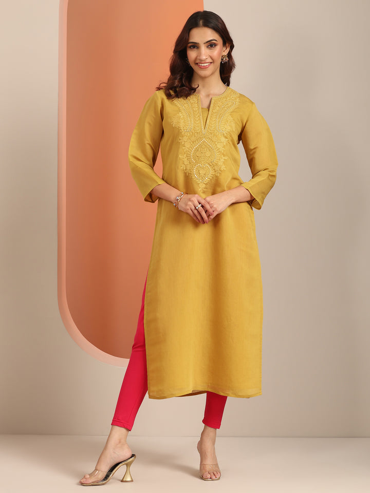 Mustard Embroidered Silk Blend Straight Kurta