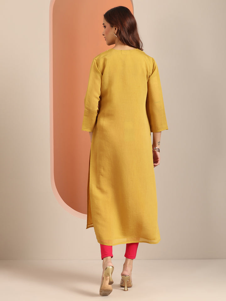 Mustard Embroidered Silk Blend Straight Kurta