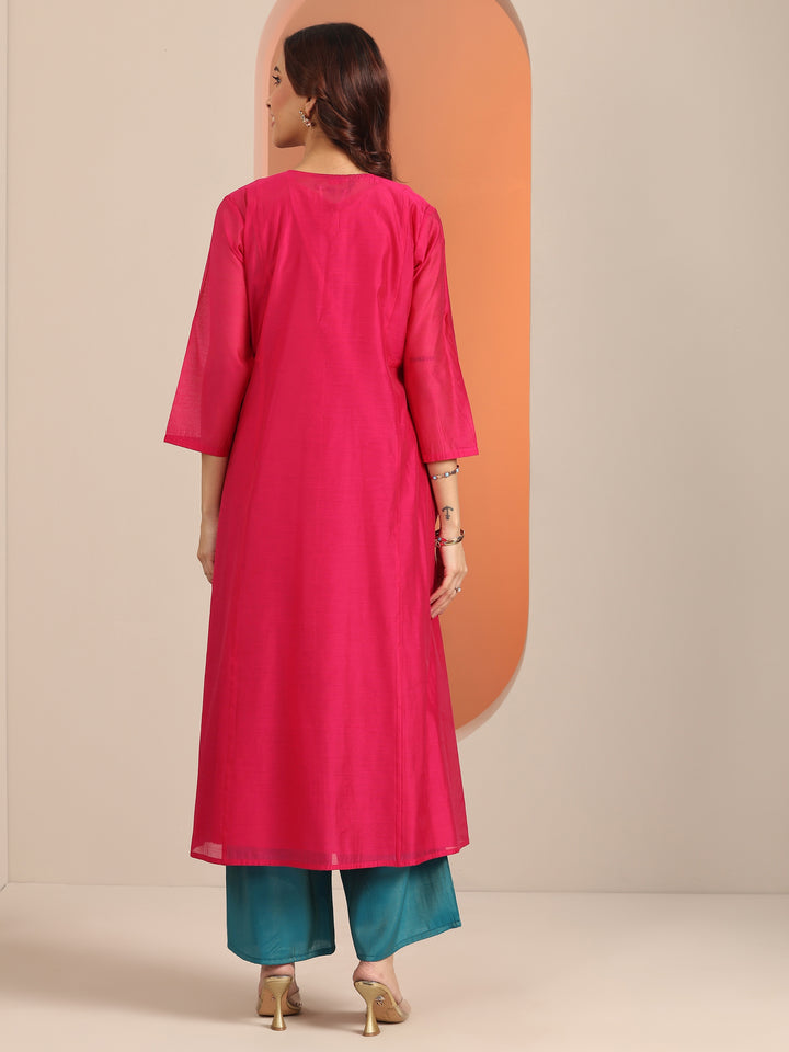 Pink Embroidered Silk Blend A-Line Kurta