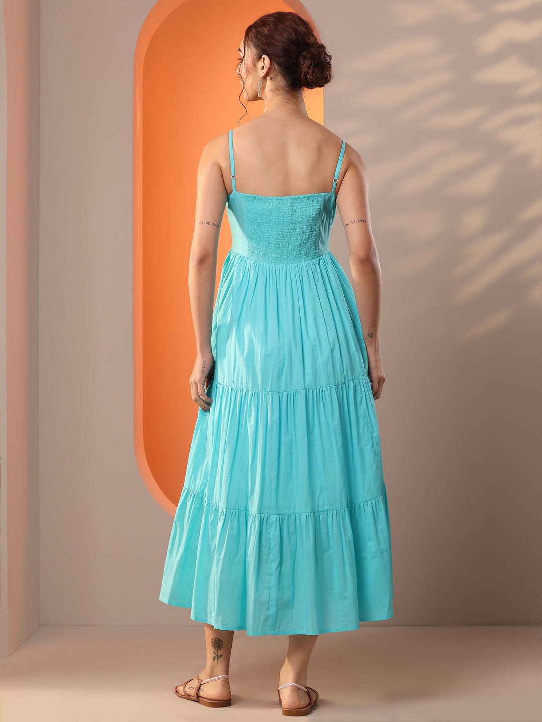 Blue Solid Cotton A-Line One Piece Dress