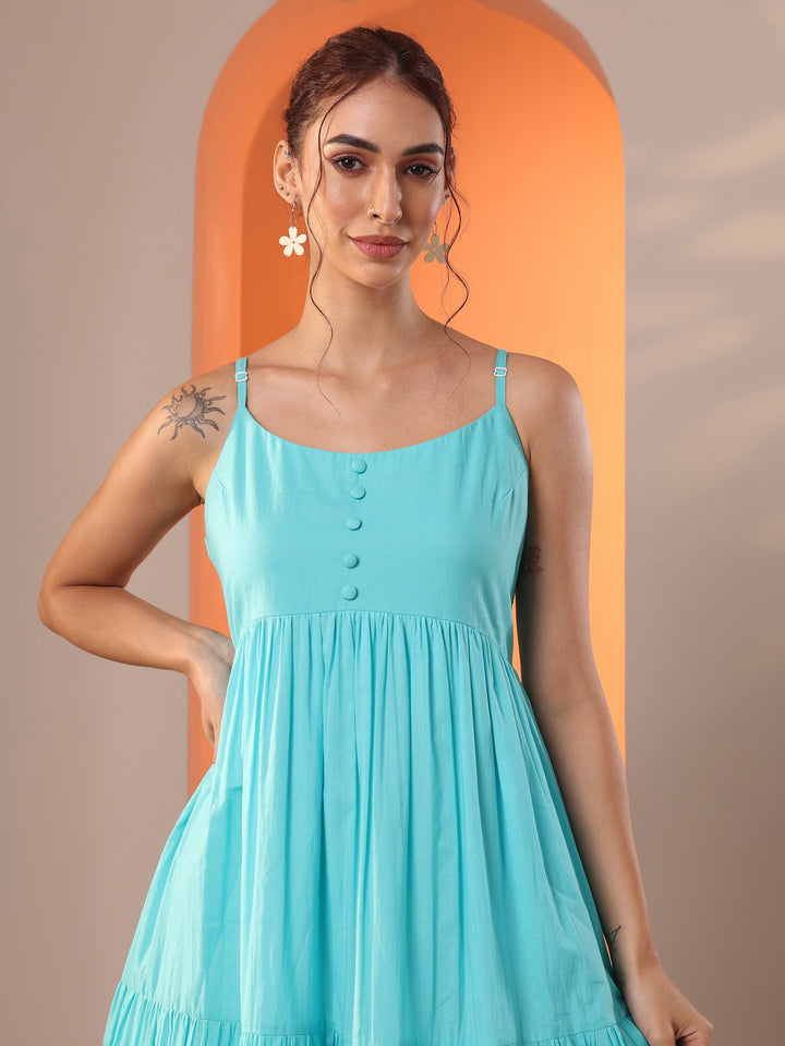 Blue Solid Cotton A-Line One Piece Dress