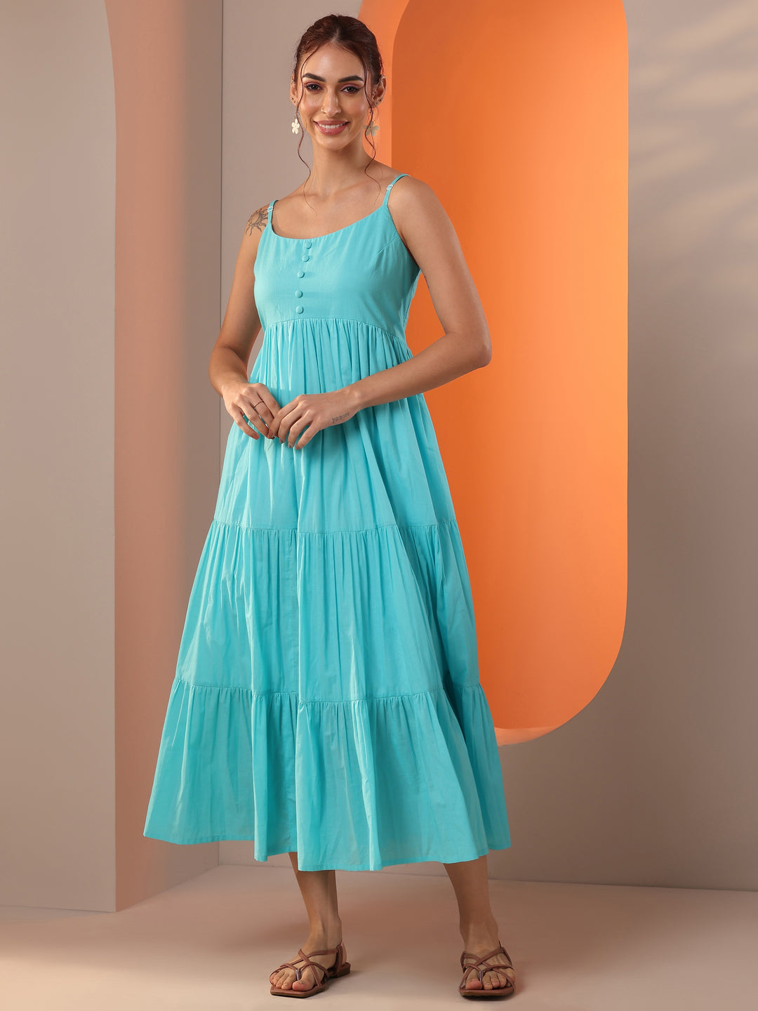 Blue Solid Cotton A-Line One Piece Dress