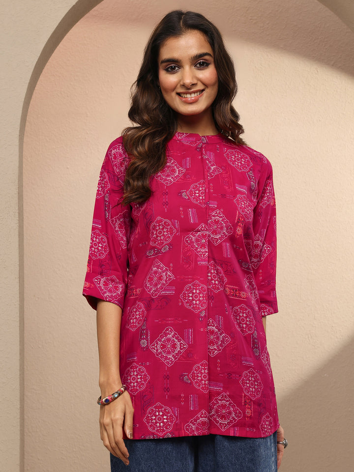 Pink Block Printed Silk Blend Straight Short Kurti