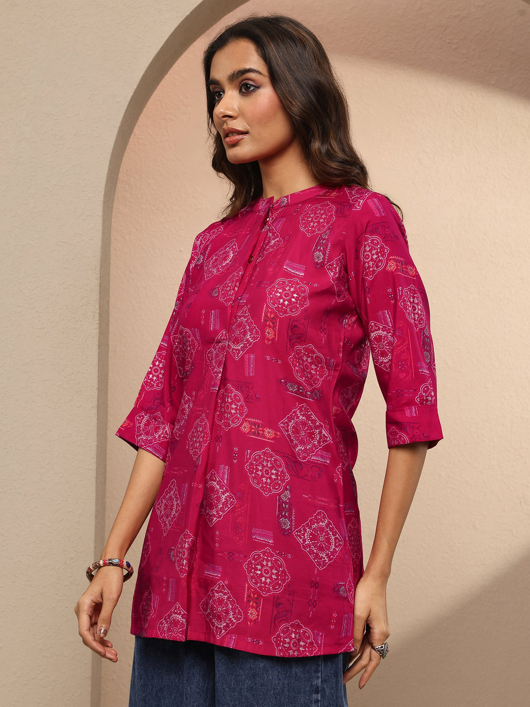 Pink Block Printed Silk Blend Straight Short Kurti