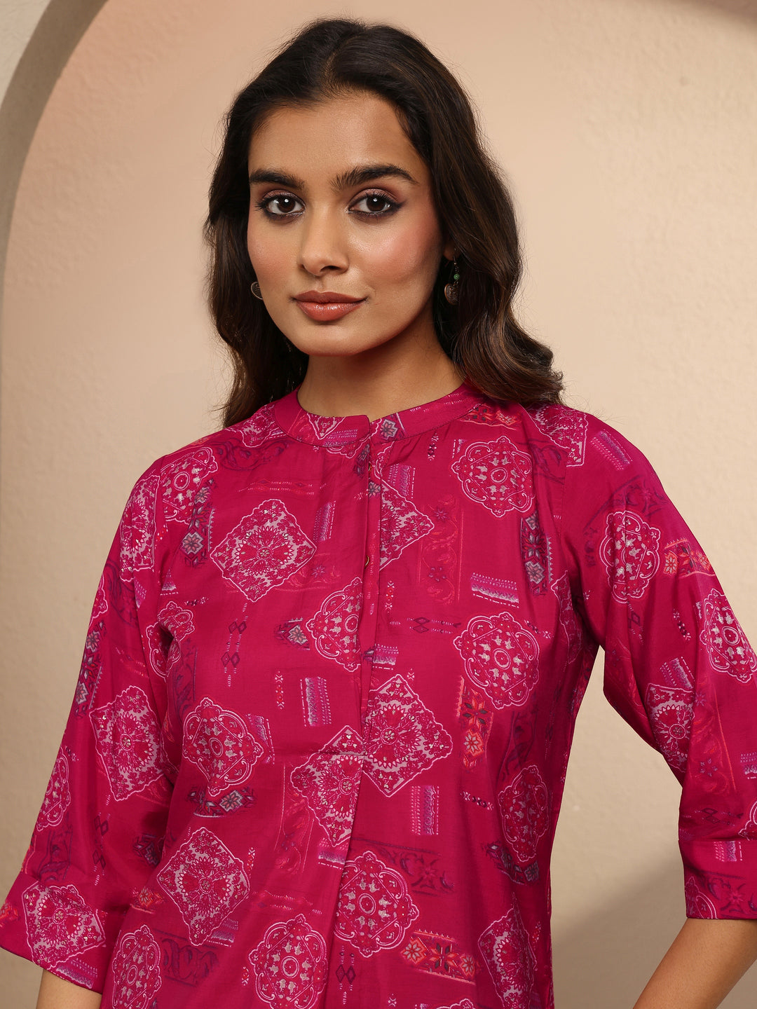 Pink Block Printed Silk Blend Straight Short Kurti