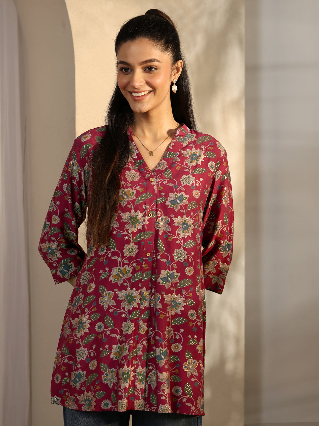 Maroon Printed Silk Blend Straight Short Kurti