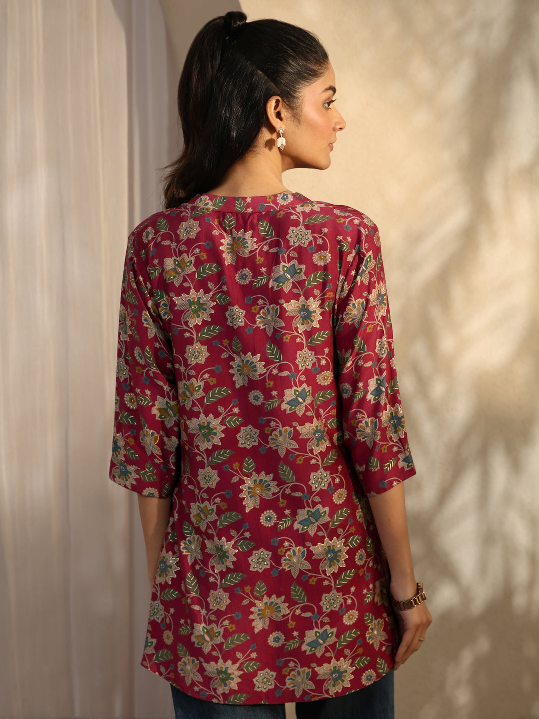 Maroon Printed Silk Blend Straight Short Kurti