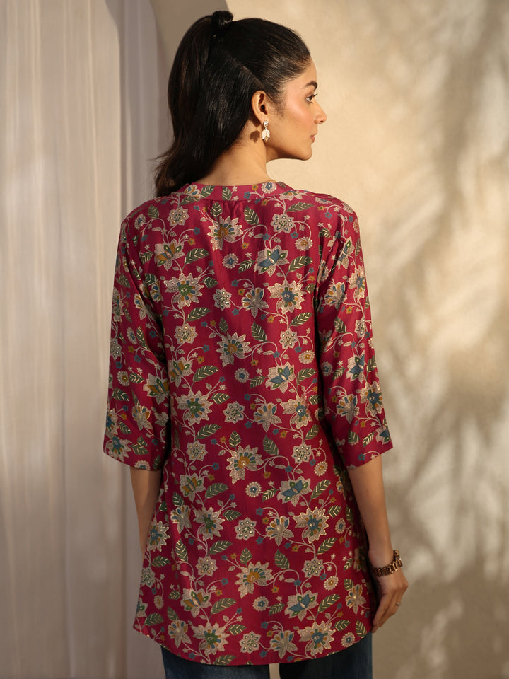 Maroon Printed Silk Blend Straight Short Kurti