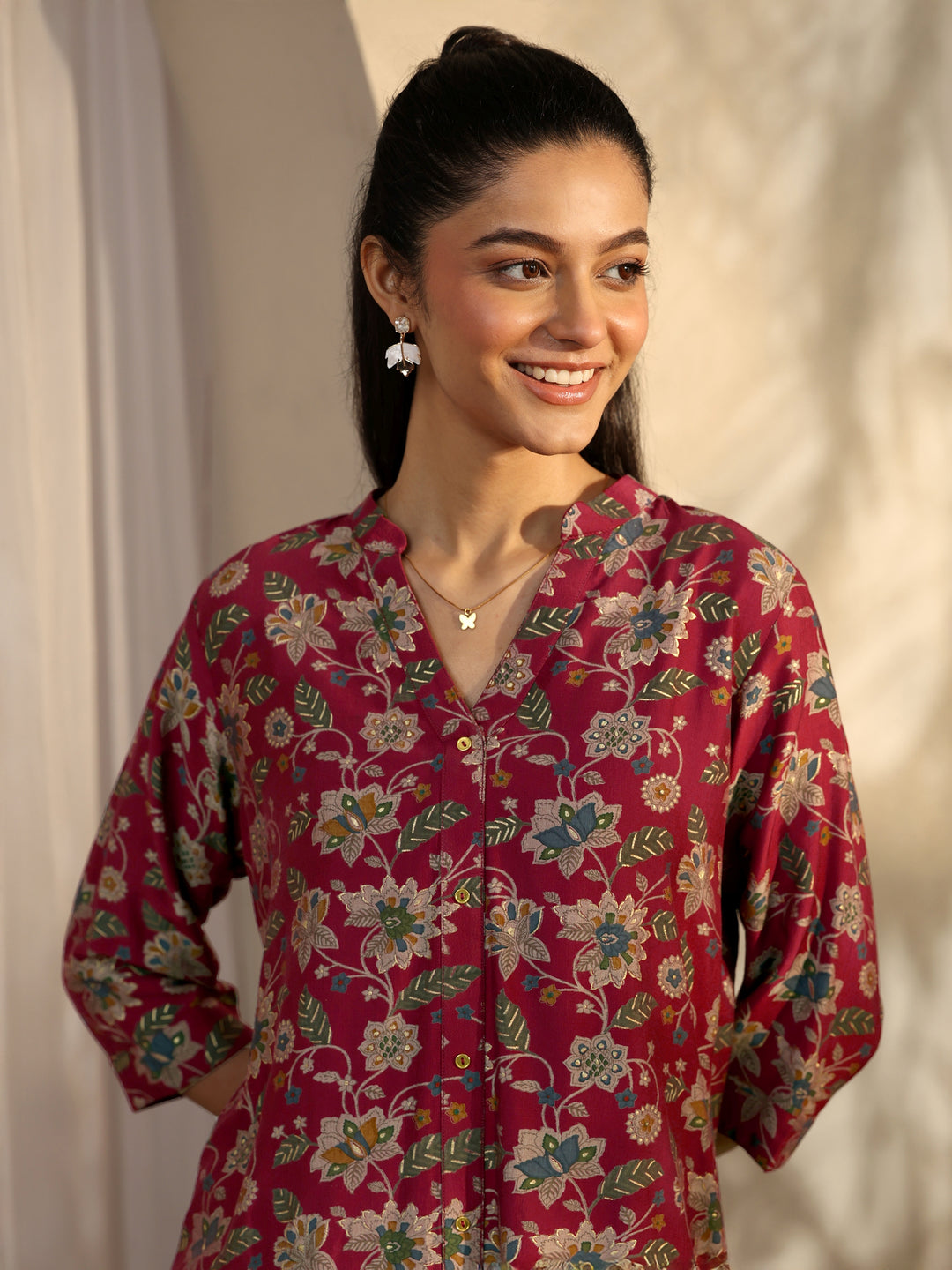 Maroon Printed Silk Blend Straight Short Kurti