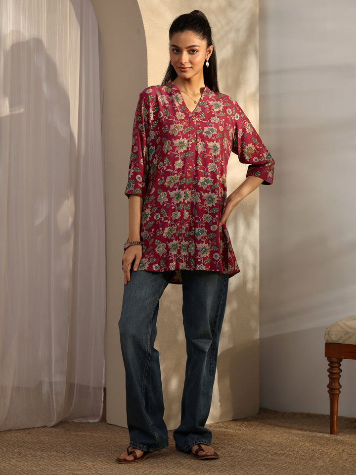 Maroon Printed Silk Blend Straight Short Kurti