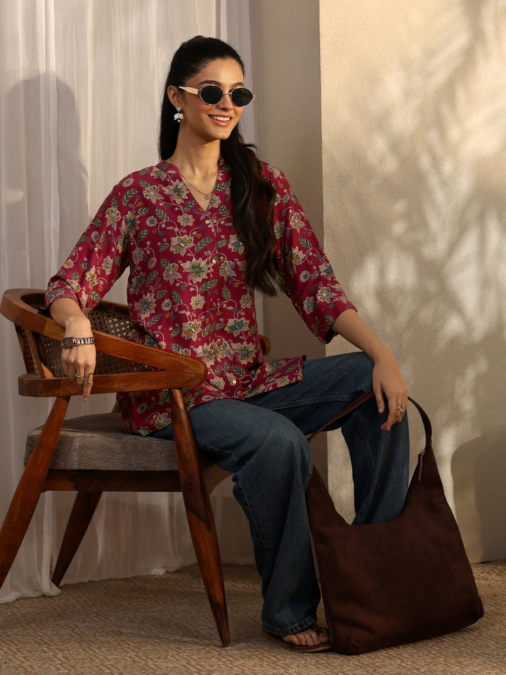 Maroon Printed Silk Blend Straight Short Kurti