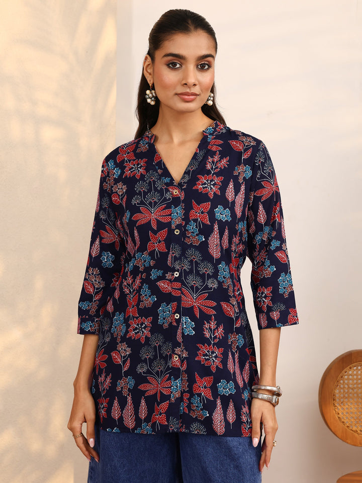 Navy Blue Floral Printed Silk Blend Straight Short Kurti