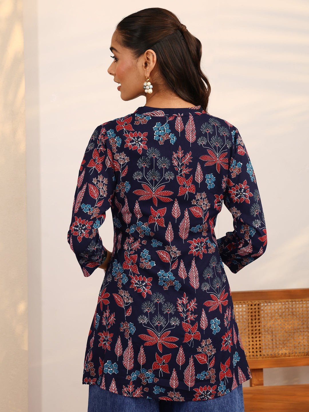 Navy Blue Floral Printed Silk Blend Straight Short Kurti