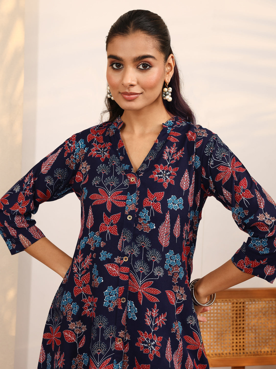 Navy Blue Floral Printed Silk Blend Straight Short Kurti